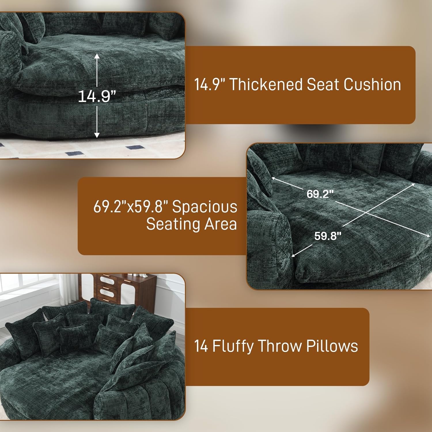 81" round Sofa Bed Big Bean Bag round Chaise Lounge Oversized round Couch Boneless Reading Chair Fluffy Plush Chenille Large Chaise Chair for Living Room, Bedroom, Apartment, Green