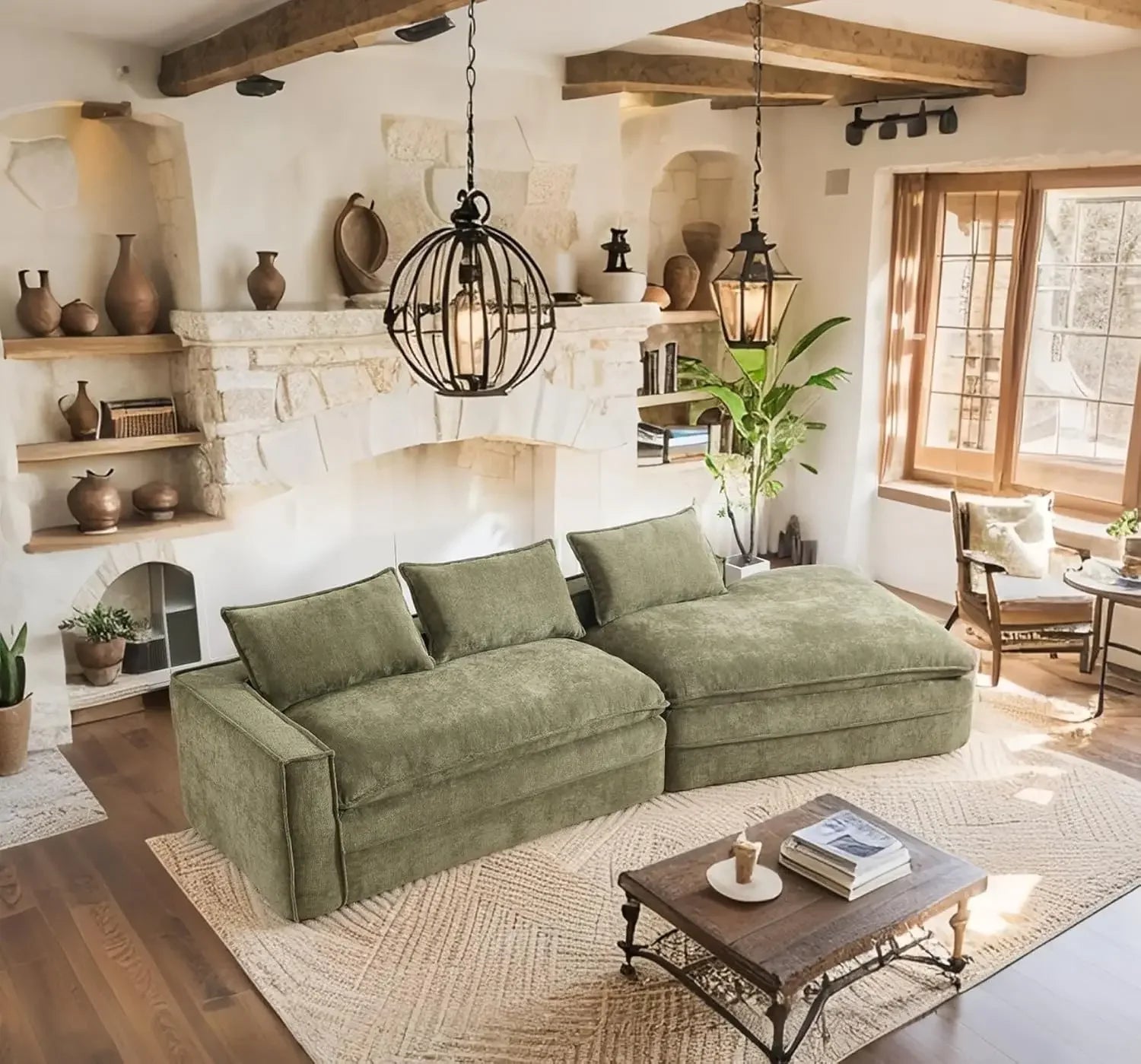 For Living Room, Ready-To-Relax Large Modern Sofa-Whit Fefances Oversized Deep Seat Cloud Couch-4-Seater Boneless Sectional Sofa