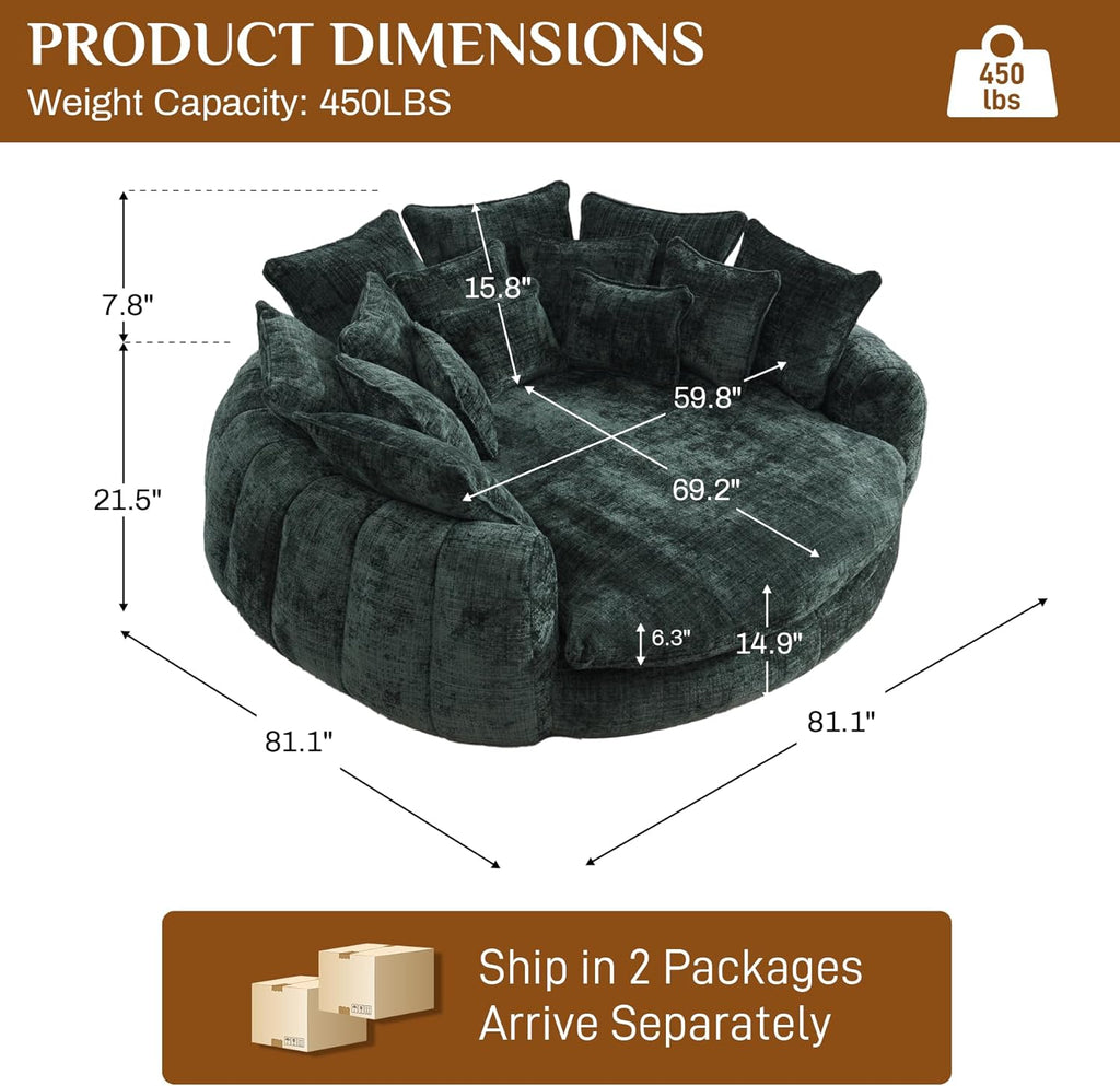 81" round Sofa Bed Big Bean Bag round Chaise Lounge Oversized round Couch Boneless Reading Chair Fluffy Plush Chenille Large Chaise Chair for Living Room, Bedroom, Apartment, Green