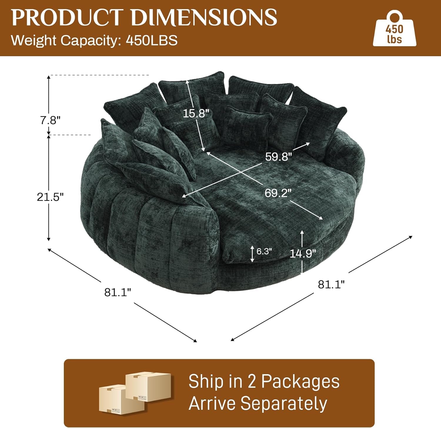 81" round Sofa Bed Big Bean Bag round Chaise Lounge Oversized round Couch Boneless Reading Chair Fluffy Plush Chenille Large Chaise Chair for Living Room, Bedroom, Apartment, Green
