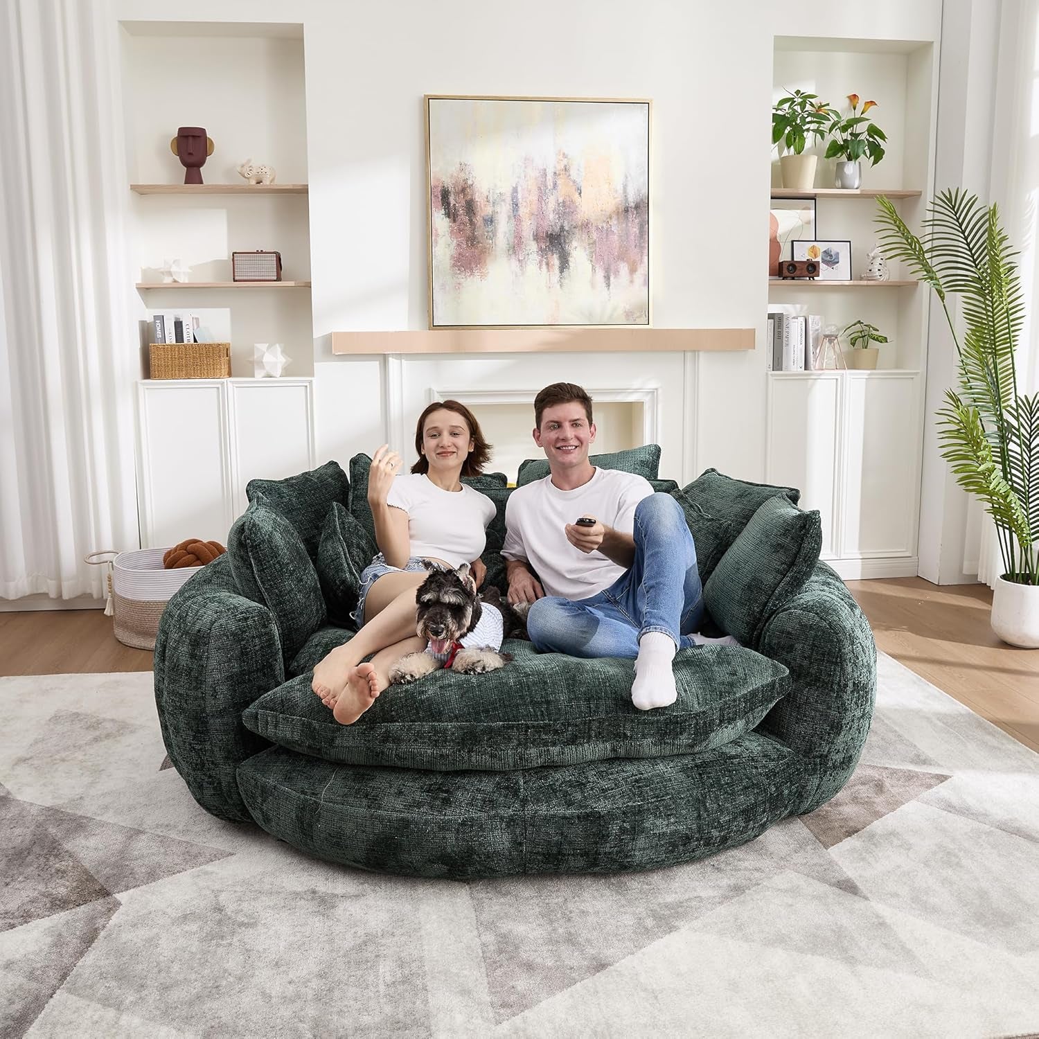 81" round Sofa Bed Big Bean Bag round Chaise Lounge Oversized round Couch Boneless Reading Chair Fluffy Plush Chenille Large Chaise Chair for Living Room, Bedroom, Apartment, Green