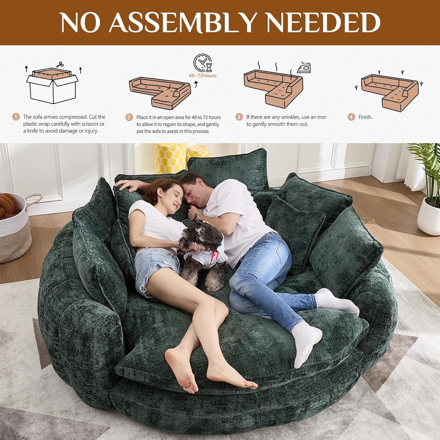 81" round Sofa Bed Big Bean Bag round Chaise Lounge Oversized round Couch Boneless Reading Chair Fluffy Plush Chenille Large Chaise Chair for Living Room, Bedroom, Apartment, Green