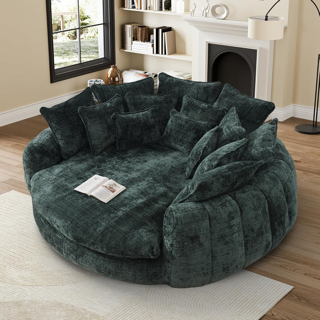 81" round Sofa Bed Big Bean Bag round Chaise Lounge Oversized round Couch Boneless Reading Chair Fluffy Plush Chenille Large Chaise Chair for Living Room, Bedroom, Apartment, Green