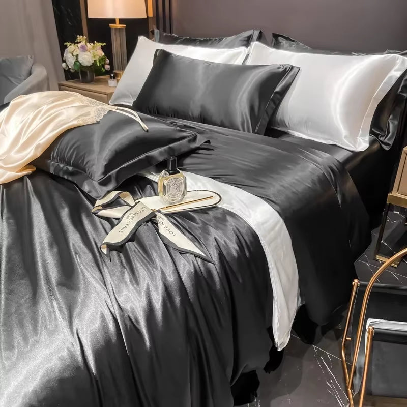 Solid Silk Bedding Set with Duvet Cover Bed Sheet Pillowcases Luxury King Single Double Couple Pillow Case Bedsheet