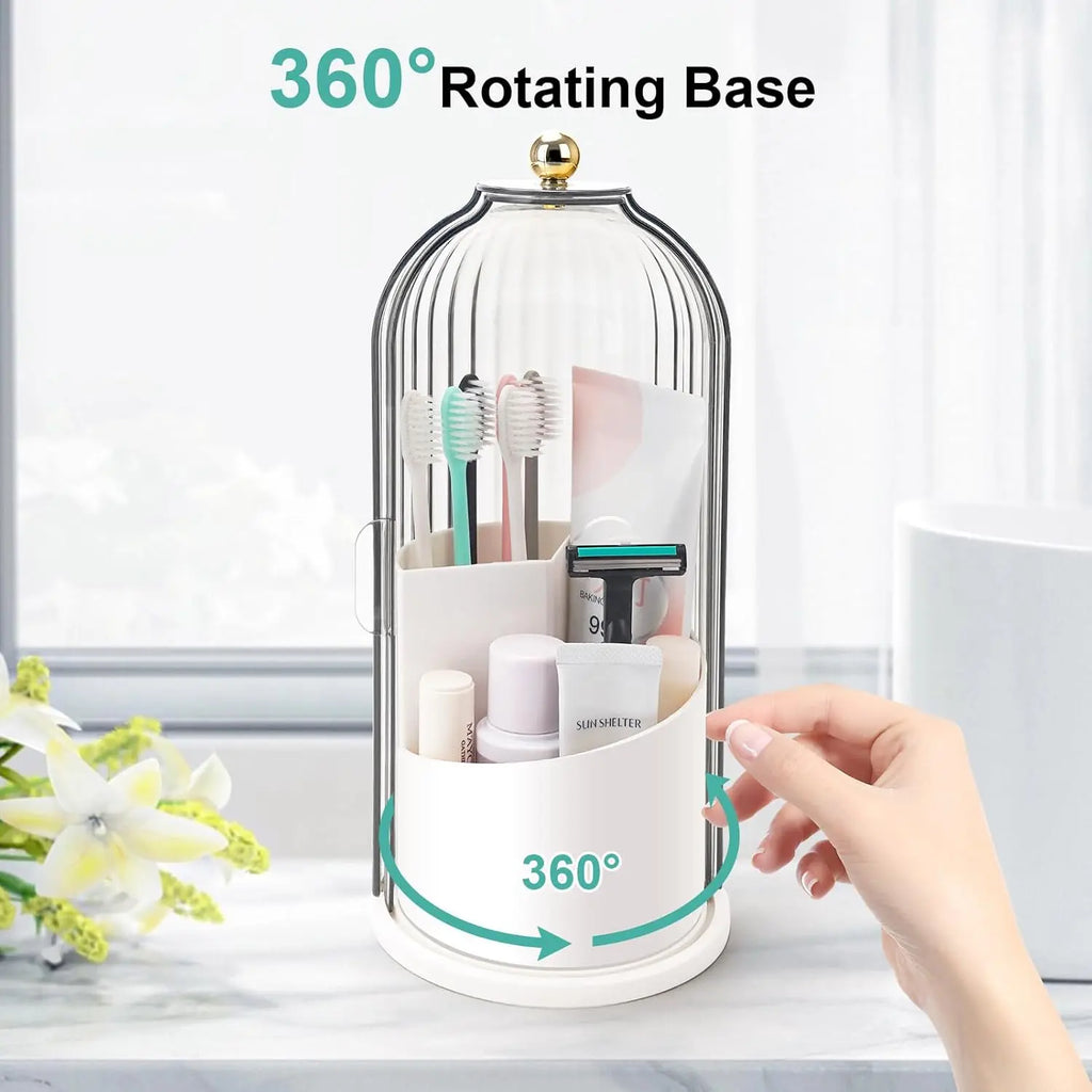 Waterproof Rotating Beauty & Toothbrush Organizer — Features a Dustproof Makeup Brush Cylinder and a Three-Compartment Toothbrush Holder; Suitable for Bathroom Countertops, Vanity Tables, and Narrow Spaces, and Designed Specifically for Efficient Storage.