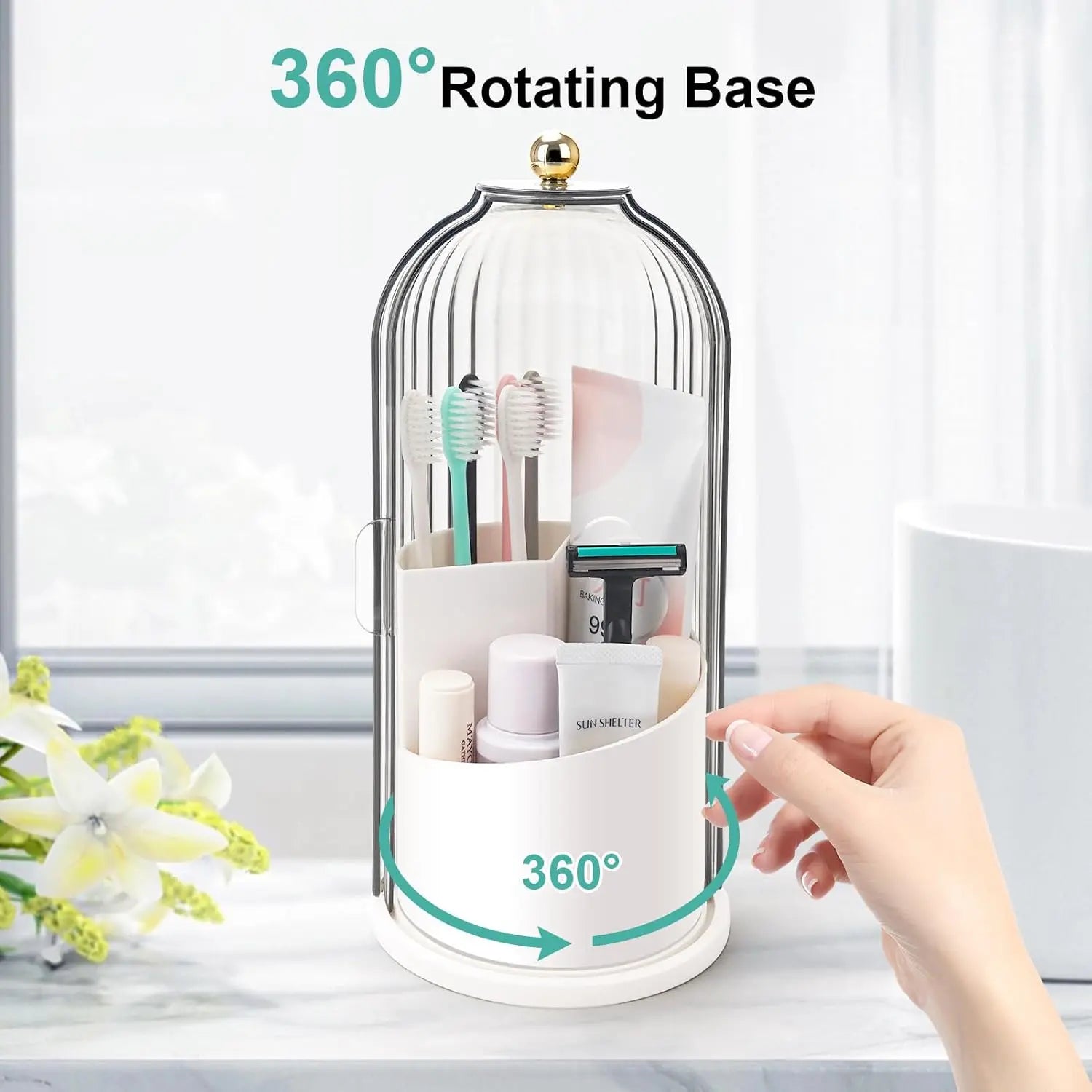 Waterproof Rotating Beauty & Toothbrush Organizer — Features a Dustproof Makeup Brush Cylinder and a Three-Compartment Toothbrush Holder; Suitable for Bathroom Countertops, Vanity Tables, and Narrow Spaces, and Designed Specifically for Efficient Storage.