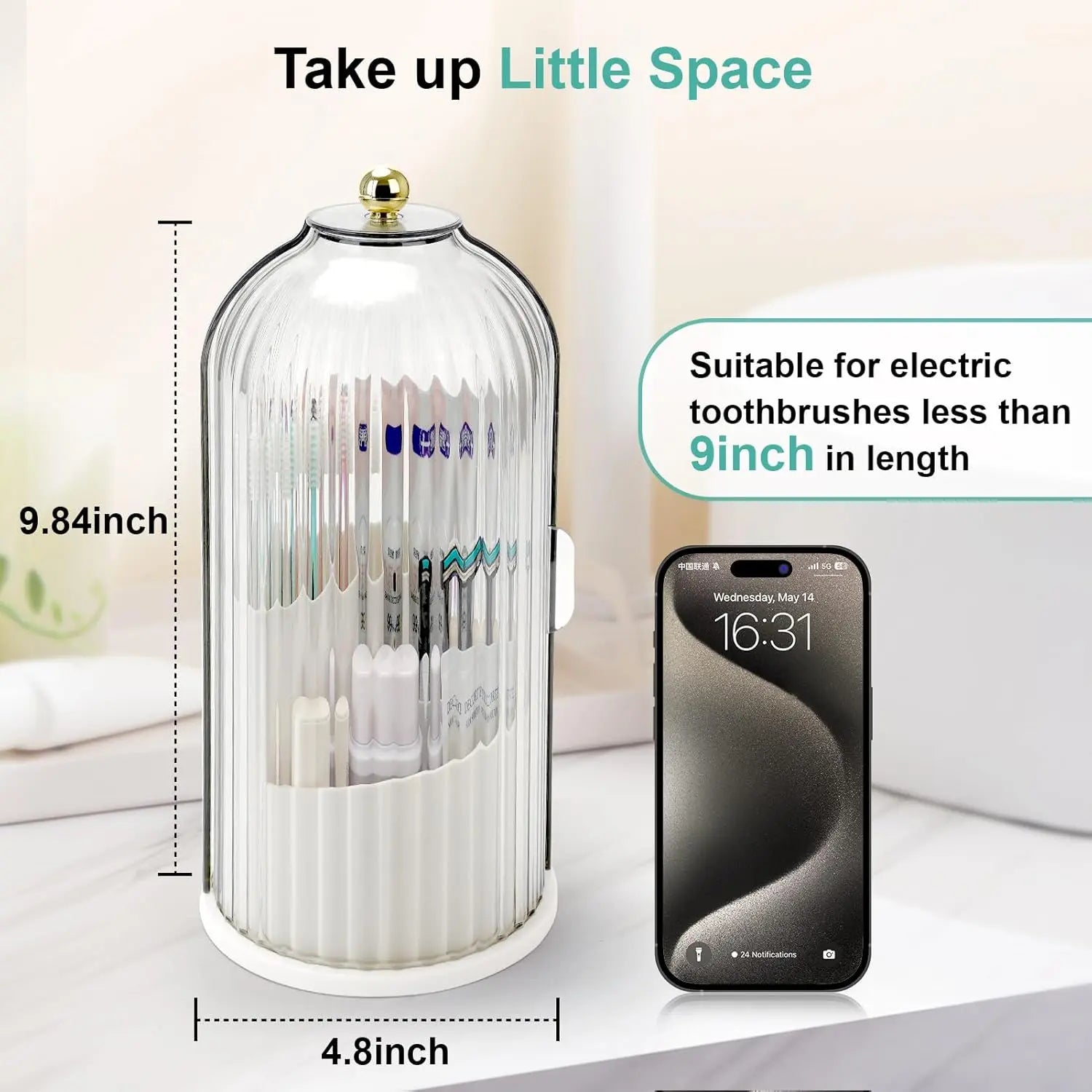 Waterproof Rotating Beauty & Toothbrush Organizer — Features a Dustproof Makeup Brush Cylinder and a Three-Compartment Toothbrush Holder; Suitable for Bathroom Countertops, Vanity Tables, and Narrow Spaces, and Designed Specifically for Efficient Storage.