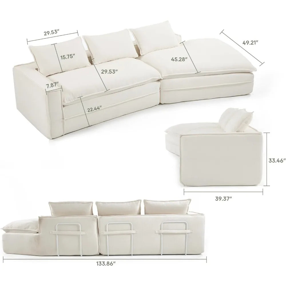For Living Room, Ready-To-Relax Large Modern Sofa-Whit Fefances Oversized Deep Seat Cloud Couch-4-Seater Boneless Sectional Sofa