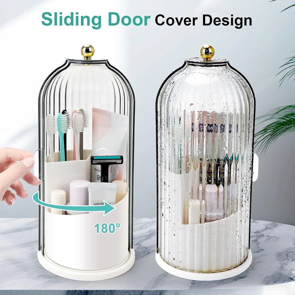Waterproof Rotating Beauty & Toothbrush Organizer — Features a Dustproof Makeup Brush Cylinder and a Three-Compartment Toothbrush Holder; Suitable for Bathroom Countertops, Vanity Tables, and Narrow Spaces, and Designed Specifically for Efficient Storage.