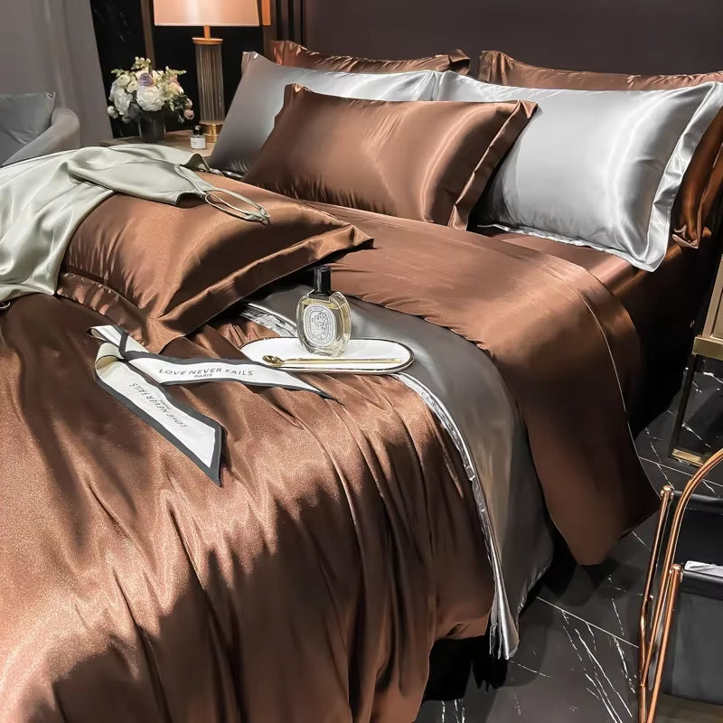 Solid Silk Bedding Set with Duvet Cover Bed Sheet Pillowcases Luxury King Single Double Couple Pillow Case Bedsheet