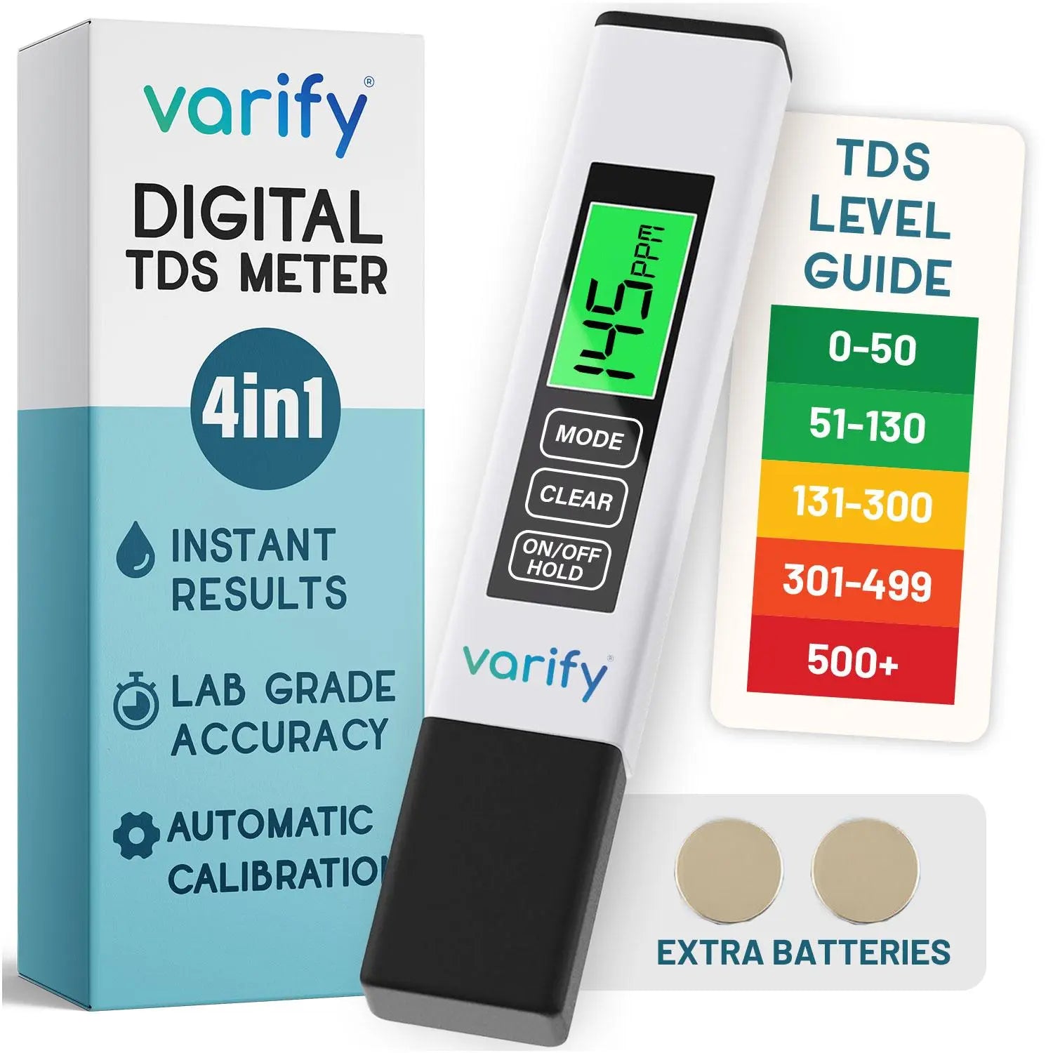 VARIFY 4-In-1 TDS Meter Digital Water Tester for Drinking Water Accurate 0-9990 PPM EC & Temp Readings Ideal for RO Systems Aquariums Pools Portable & Travel-Friendly Halloween Sales Outdoorfun