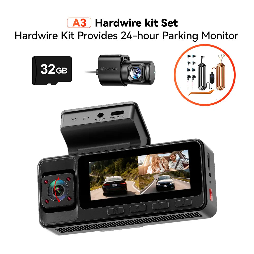 【Fathersdaygift】Redtiger A3 3 Channel Wifi Dash Cam Front and Rear inside with 32G SD Card( No SD Card Option in a Better Deal ), 2.5K+1080P+1080P Car Dash Camera for Carsfront and Rear, G-Sensor, 24H Parking Mode, Car Rvibe, Car VLOG, Summervibes Summerv