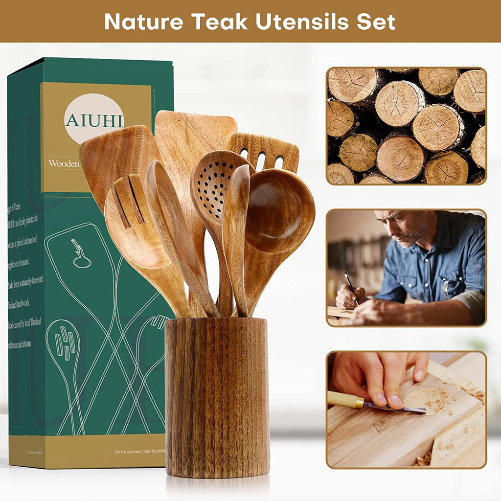 Wood Spoons for Cooking, Nonstick Kitchen Utensil Set, Wooden Spoons Cooking Utensil Set Non Scratch Natural Teak Wooden Utensils for Cooking (Teak 8 Pack)