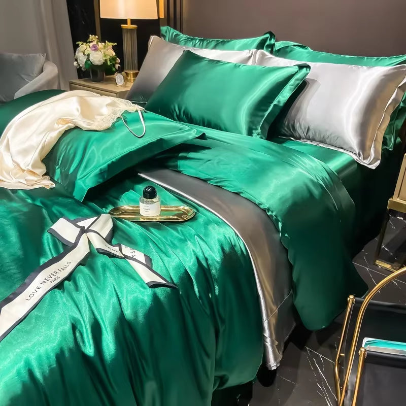 Solid Silk Bedding Set with Duvet Cover Bed Sheet Pillowcases Luxury King Single Double Couple Pillow Case Bedsheet
