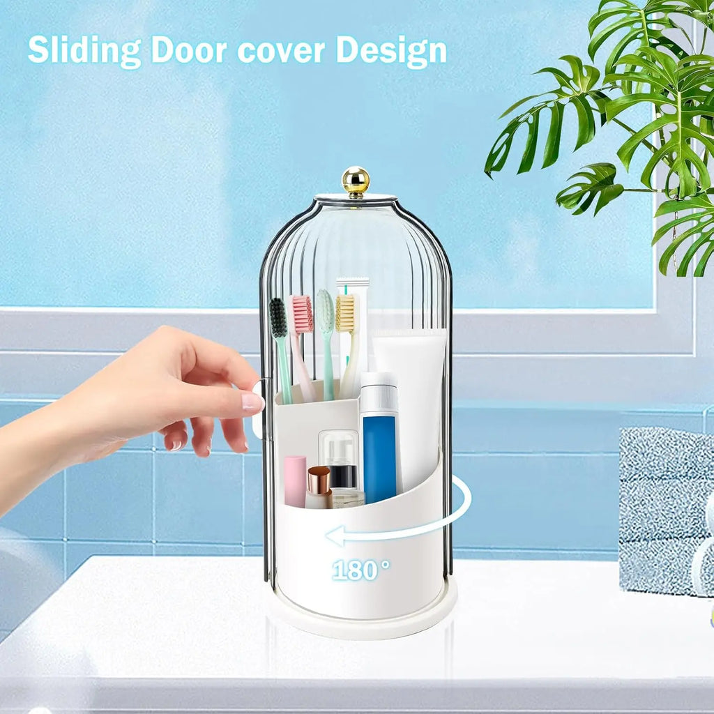 Waterproof Rotating Beauty & Toothbrush Organizer — Features a Dustproof Makeup Brush Cylinder and a Three-Compartment Toothbrush Holder; Suitable for Bathroom Countertops, Vanity Tables, and Narrow Spaces, and Designed Specifically for Efficient Storage.