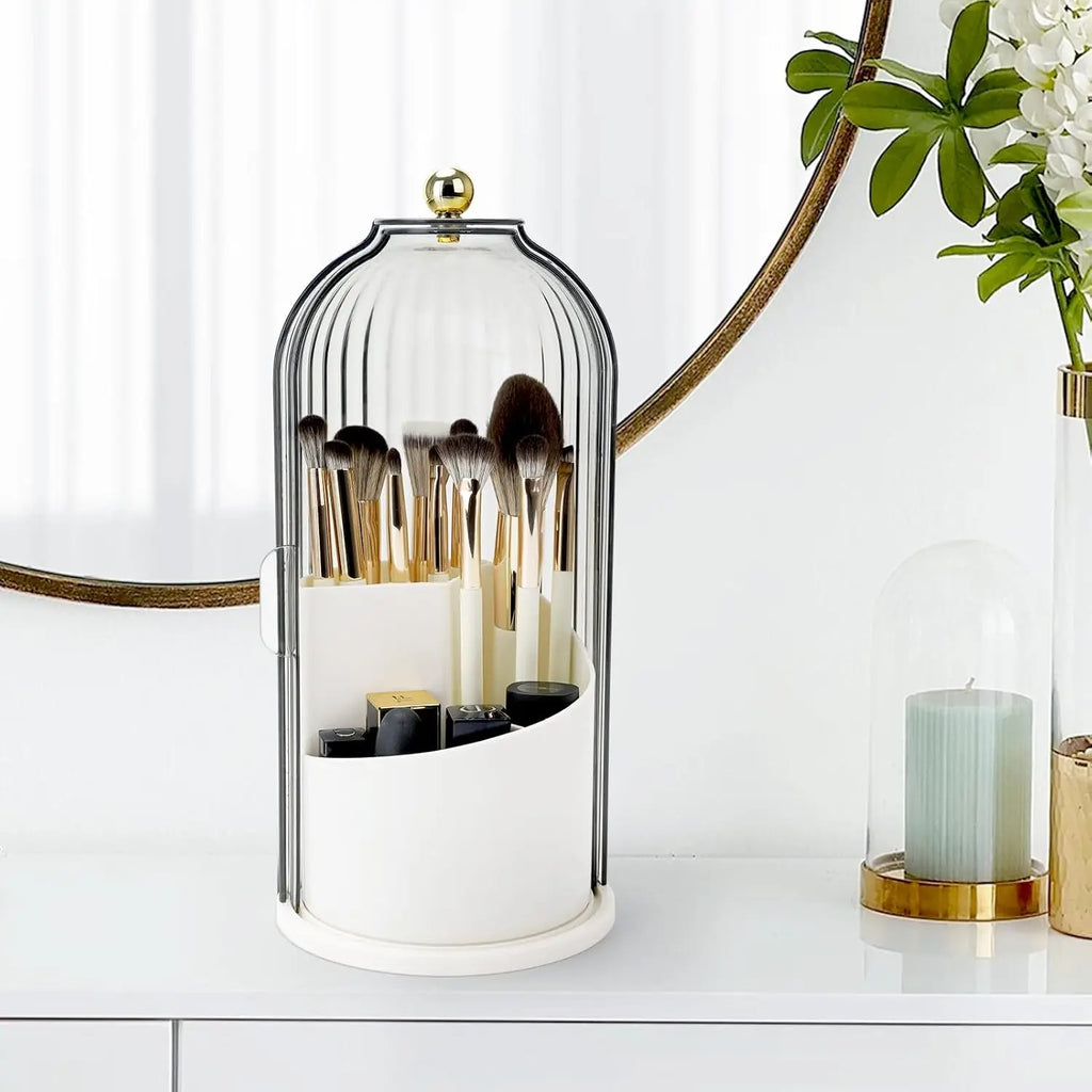 Waterproof Rotating Beauty & Toothbrush Organizer — Features a Dustproof Makeup Brush Cylinder and a Three-Compartment Toothbrush Holder; Suitable for Bathroom Countertops, Vanity Tables, and Narrow Spaces, and Designed Specifically for Efficient Storage.