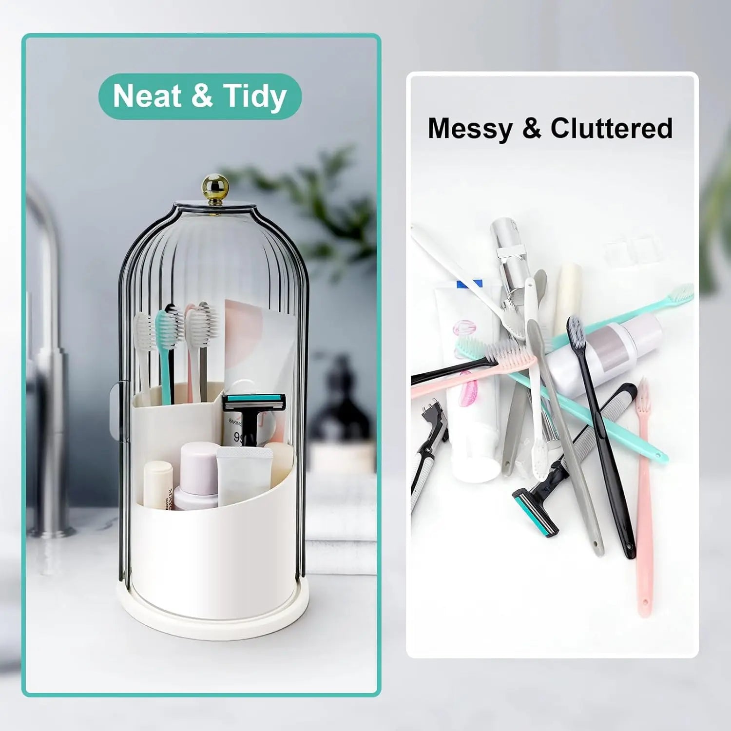 Waterproof Rotating Beauty & Toothbrush Organizer — Features a Dustproof Makeup Brush Cylinder and a Three-Compartment Toothbrush Holder; Suitable for Bathroom Countertops, Vanity Tables, and Narrow Spaces, and Designed Specifically for Efficient Storage.