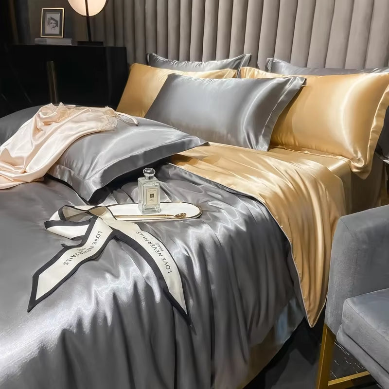 Solid Silk Bedding Set with Duvet Cover Bed Sheet Pillowcases Luxury King Single Double Couple Pillow Case Bedsheet