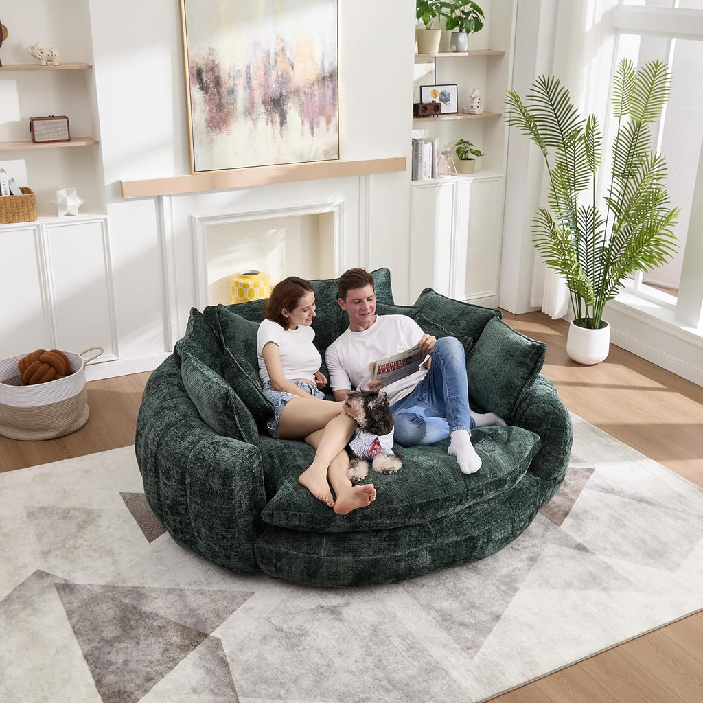 81" round Sofa Bed Big Bean Bag round Chaise Lounge Oversized round Couch Boneless Reading Chair Fluffy Plush Chenille Large Chaise Chair for Living Room, Bedroom, Apartment, Green