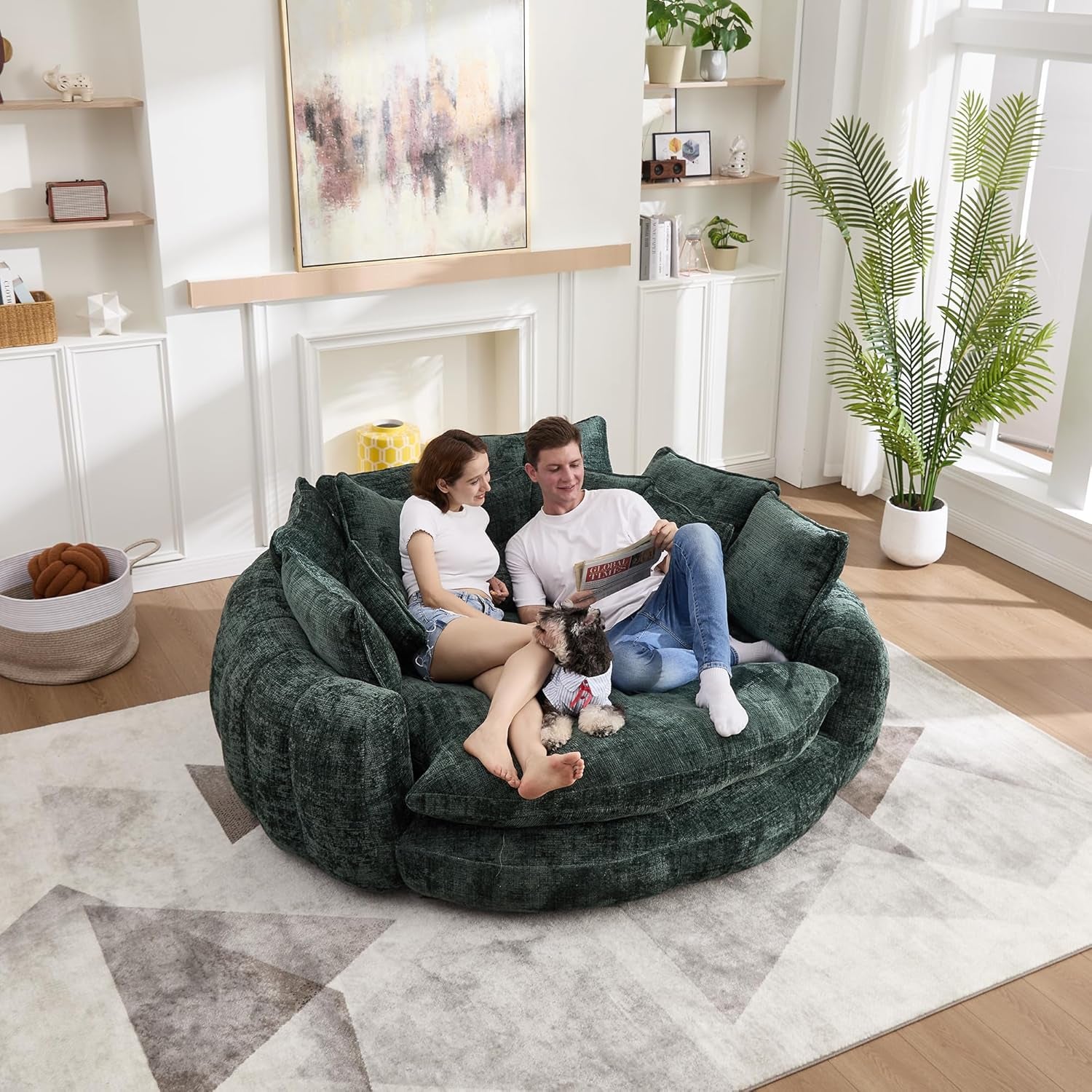 81" round Sofa Bed Big Bean Bag round Chaise Lounge Oversized round Couch Boneless Reading Chair Fluffy Plush Chenille Large Chaise Chair for Living Room, Bedroom, Apartment, Green